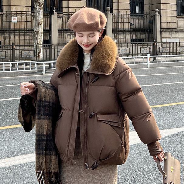 Women's Winter Padded Coat Fashionable Loose Fit Polyester Jacket With Faux Fur Collar Warm Outerwear For Cold Weather Black Beige Khaki Coffee Pink"_ecoleips.com