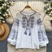 Women's Bohemian Style Long Sleeved Shirt Heavy Duty Embroidered Loose Fitting Tie Waist Lantern Sleeve Top For Commuting_ecoleips.com