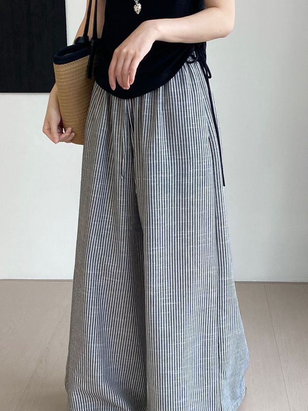 French-Inspired High Waist Wide Leg Pants For Women, Striped Office Casual Trousers With Elastic Waistband, Breathable Cotton Polyester Blend_ecoleips.com