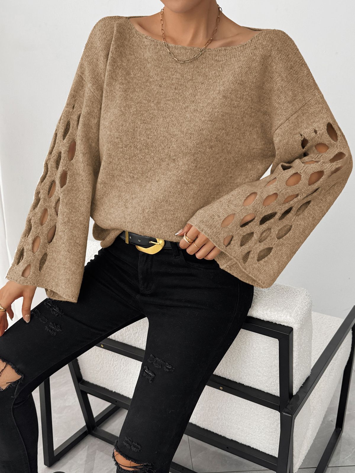 Elegant Hollow Knit Sweater For Women - Soft Round Neck Long Sleeve Pullover, Casual & Stylish, Plus Size Available_ecoleips.com