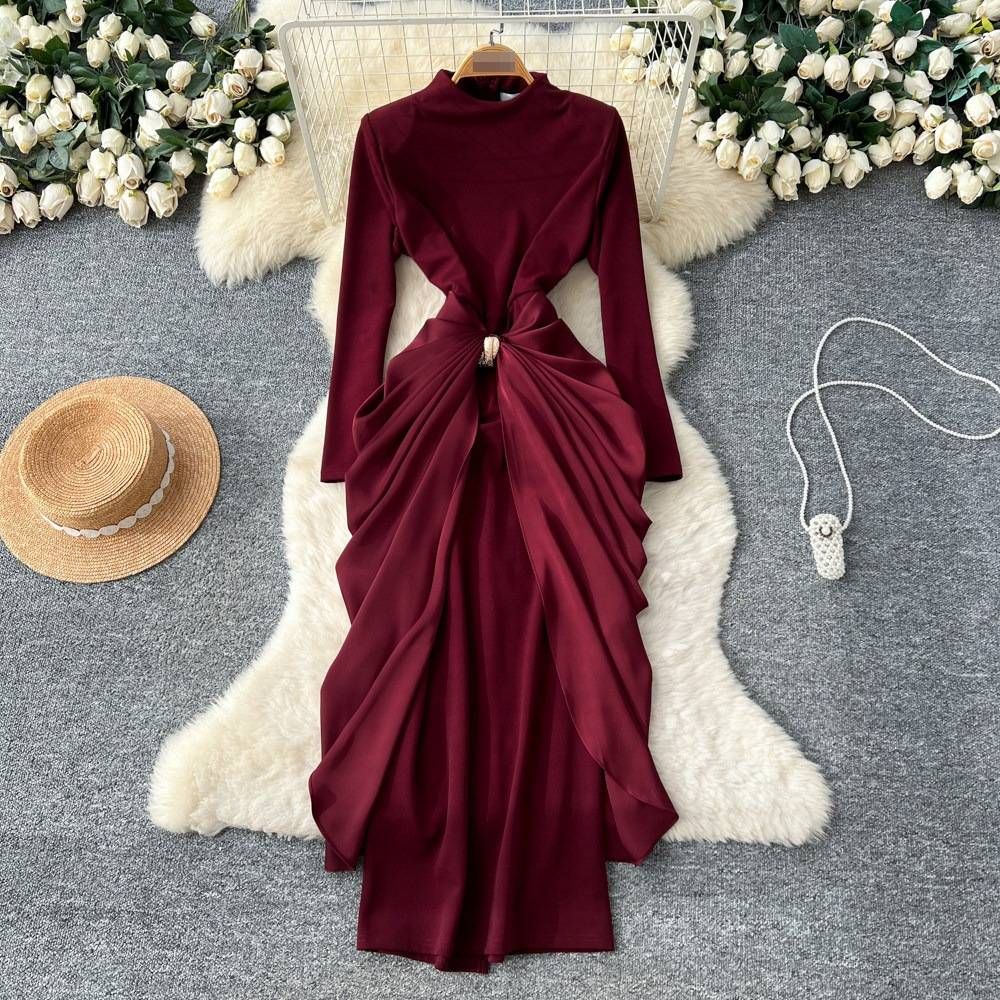 Elegant Semi-High Neck Pleated Long Sleeve Dress For Women - Red Slim Fit A-Line Midi Dress For Sophisticated Style_ecoleips.com