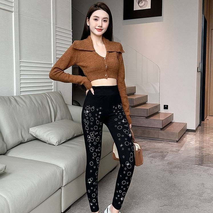 Women's Stretchy Midi Leggings With Rhinestone Details - Soft Modal Fabric, High Waist Tummy Control, Breathable & Comfortable For Casual Wear_ecoleips.com