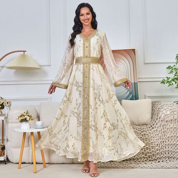 Women's Clothing Modest Abaya Dress Plus Size Modest Abaya Dress – Elegant Long Sleeve Dubai-Style Kaftan With Gilded Buttons & Flared Hem (White)_ecoleips.com