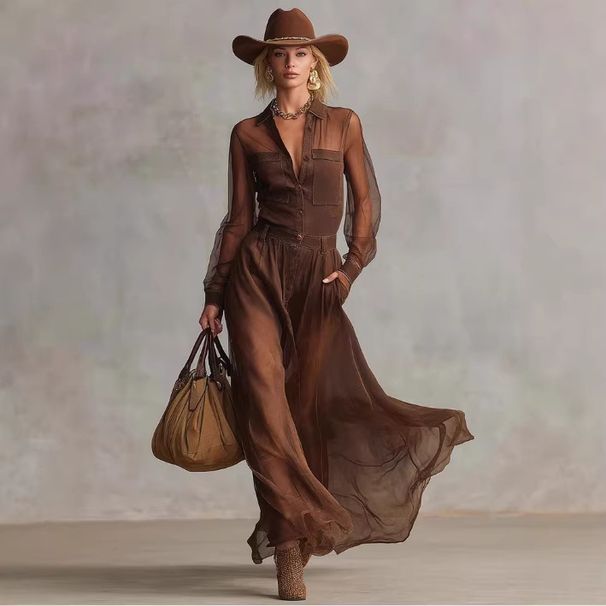 Retro Brown Cotton Maxi Dress With Button V Neck Long Sleeve Organza Stitched For Women European And American Style Independent Website_ecoleips.com