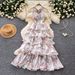 Women's Clothing Women's Romantic V-Neck Halter Neck Floral Dress Summer Style Sleeveless Ruffle Cake Skirt Slimming_ecoleips.com