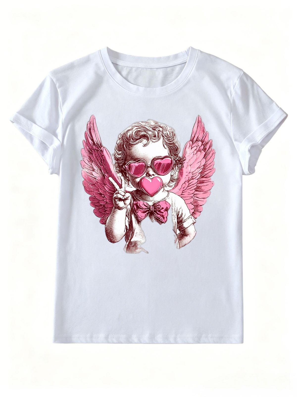 Women Vintage Pink Angel Cupid Graphic T Shirt Heart Sunglasses Bubble Bow Print Crew Neck Short Sleeve Coquette Y2K Summer Tee_ecoleips.com