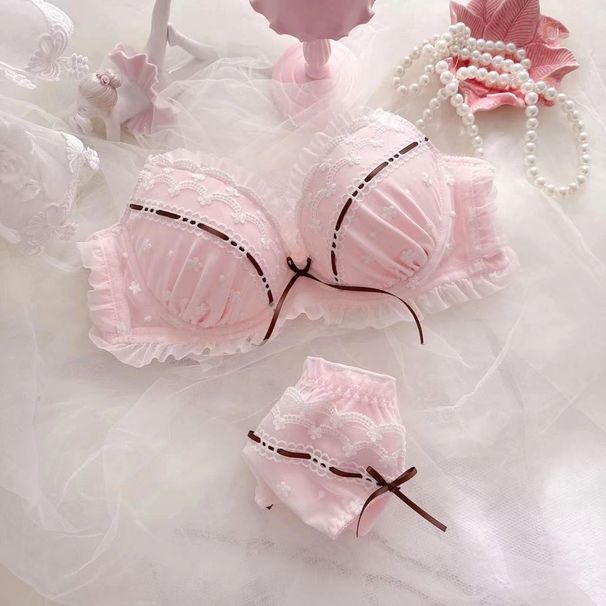 girl Super Beautiful Fresh Japanese Style Ribbon Embroidery Thin Cup Student Girl Cute Push-Up Sexy Bra Set_ecoleips.com