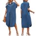 Plus Size Women's Denim Dress Short Sleeve Button Mid-Length Wide Dress For Casual Wear_ecoleips.com