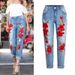 Women's Clothing Elastic Loose Jeans Women's Trousers Colorful Flower 3d Embroidery Ripped Jeans_ecoleips.com