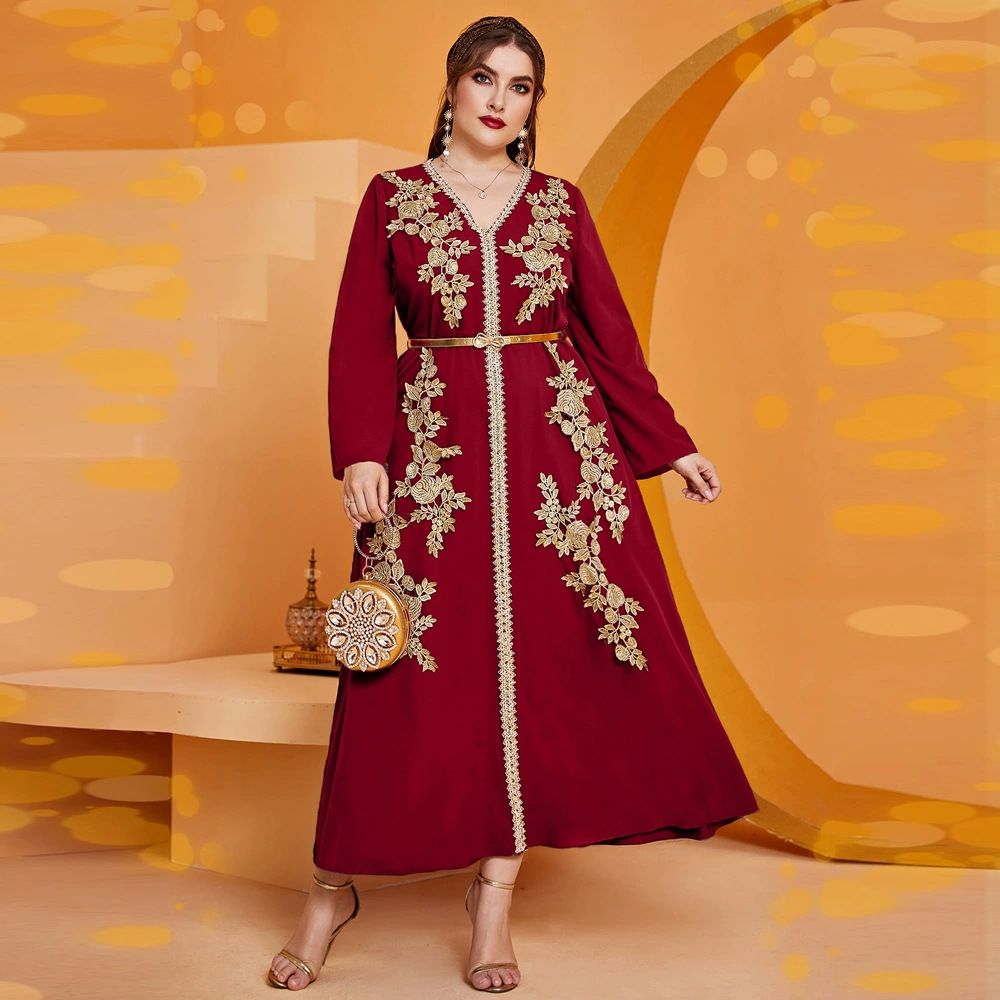 Women's Clothing Muslim Women's Fashion Casual Large Size V Neck Loose Waist Dress_ecoleips.com