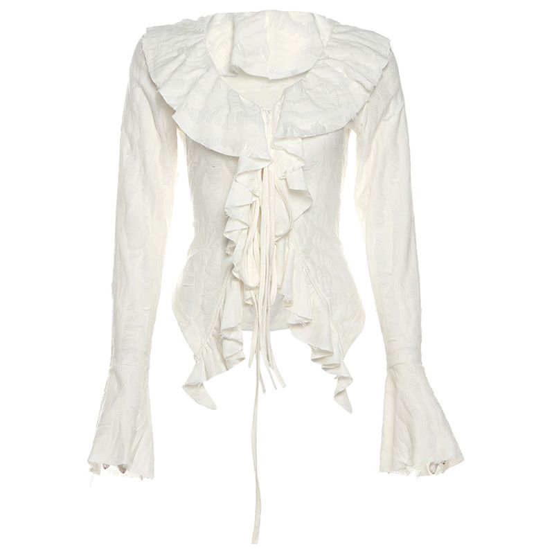 Wind Autumn New Women's Clothing Dreamy White Yarn Elegant Lace Up Bow Ruffle Top_ecoleips.com