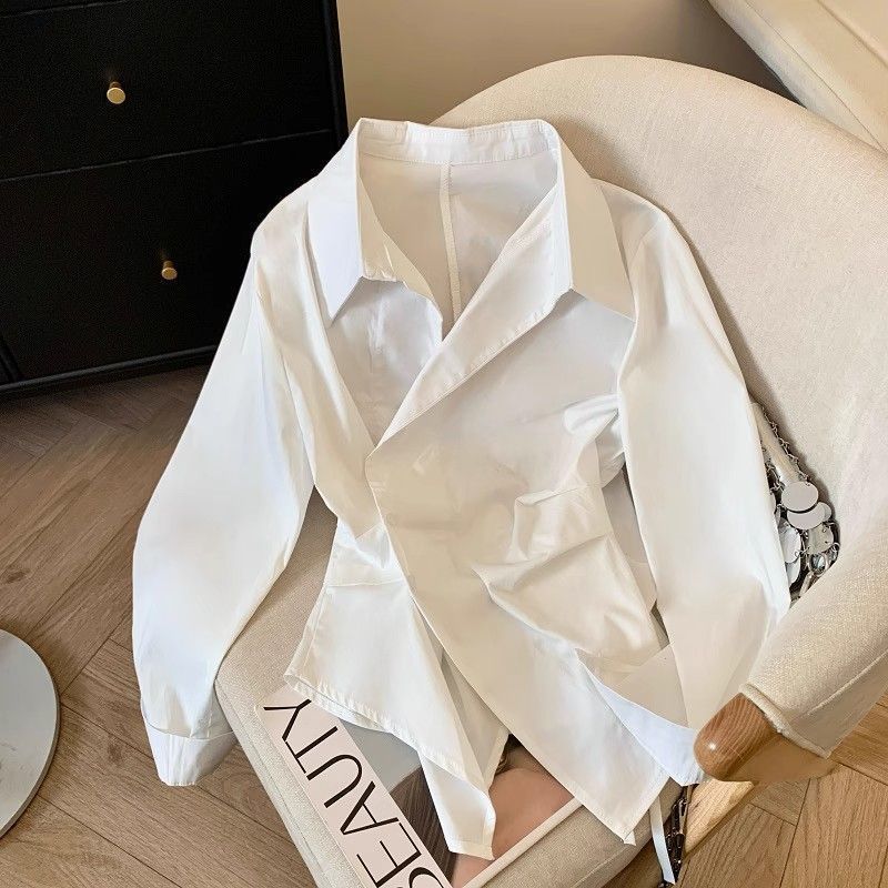 Women's Clothing Elegant British-Style Blouse For Women – Spring Loose Fit Casual Shirt With Unique Asymmetrical Design, Versatile & Stylish_ecoleips.com