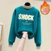 Women's Casual Letter Print Mock Two-Piece Top With Elastic Waist Light Blue Jeans Set - Stylish High Neck Pullover & Relaxed Fit Denim Pants_ecoleips.com