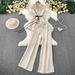 Women's Clothing Premium Gray Suit Set For Women V Neck Double Breasted Vest Sleeveless Belted Top High Waisted Slim Fit Wide Leg Trousers_ecoleips.com