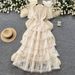 Women's Pink Lace Dress High Waisted Cake Skirt Long Elegant Korean Style French Sweet Summer Dress_ecoleips.com
