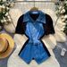 Women's French Retro Denim Patchwork Vintage Shirt Summer Short Sleeve Fitted Waist Tie Slimming Commuter Style Top_ecoleips.com