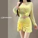 Plus Size Women's Three Piece Swimsuit Set Long Sleeved Sun Protective Solid Color Ideal For Slightly Chubby Girls Hot Springs And Vacations_ecoleips.com