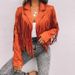 Women's Slim Fit Faux Suede Fringe Jacket Short Length Long Sleeve Tassel Details Black Rust Beige Pink White Brown Camel S-XL_ecoleips.com