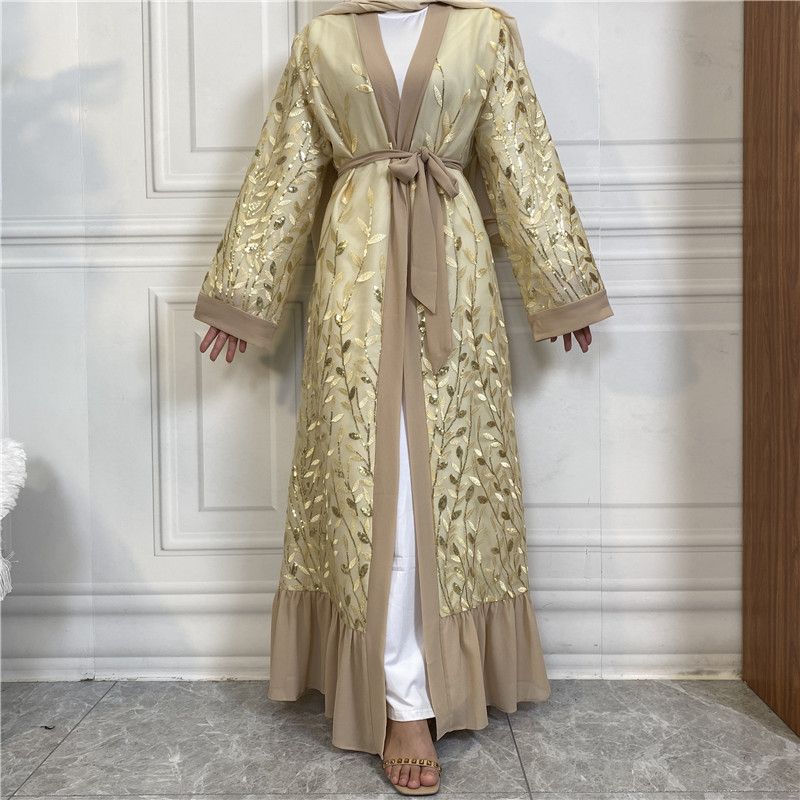 Women's Clothing Fashionable Lace Cardigan Women's Leaf Embroidered Sequined Robe Long Sleeve For Formal & Casual For Women_ecoleips.com