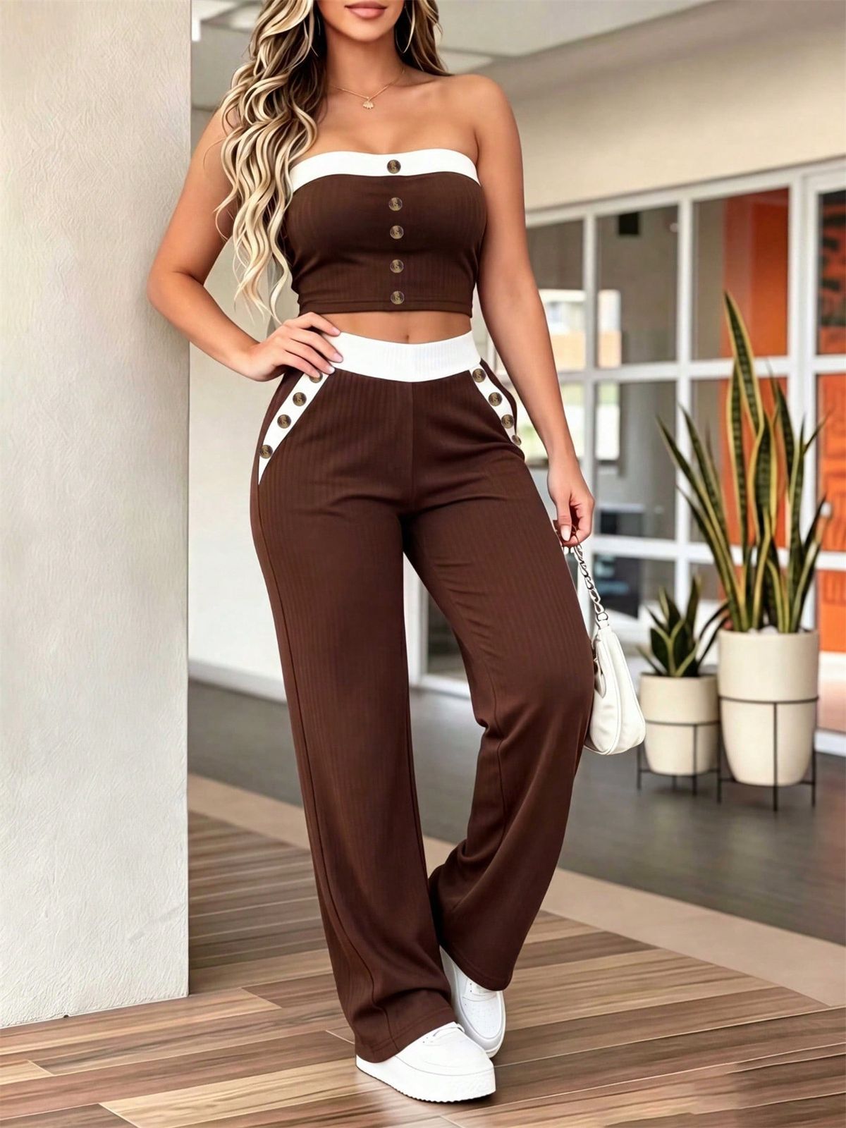 Women's Summer Fashion Two Piece Set Color Block Tube Top with Elastic Waist & Pocket Trousers Sleeveless Independent Website Exclusive_ecoleips.com