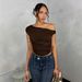 Women's Short Sleeved Asymmetrical Shoulder Top With Ruffles Solid Color For Autumn Spring_ecoleips.com