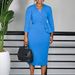 Elegant V-Neck Belted Knee-Length Dress for Women Stretchy Polyester Blend Office Chic S-XXXL_ecoleips.com
