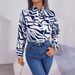 Real Shot Of 2026 Spring/Summer Elegant Color-blocked Striped Tie-waist Lantern Sleeve Chiffon Blouse. Independent_ecoleips.com