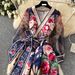 European And American Court Style Temperament Retro V Neck Mesh Lantern Sleeves Tie Waist Design Large Swing Print Dress_ecoleips.com