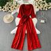 Women's French Style Striped Square Neck Jumpsuit Casual Loose Fit Wide Leg Pants Tie Waist Summer Romper_ecoleips.com