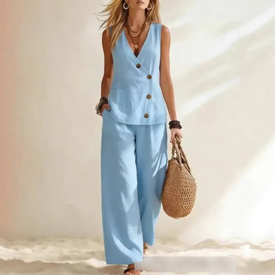 Women's Summer Solid Color Asymmetrical 3D Textured Vest Wide Leg Pants Loungewear Set for Resort Casual Style_ecoleips.com