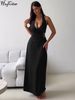 Hugcitar Halter V Neck Backless Ruched Sexy Bodycon Maxi Prom Dress Summer Women Fashion Clothes Evening Party Birthday Vacation_ecoleips.com