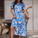 Elegant Long Dress For Women Large Floral Design Multi Layer Ruffles Blue Style_ecoleips.com