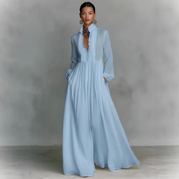 Elegant French-Inspired Pleated Maxi Dress – Slimming Waist-Defined Long Sleeve Dress For Women (White & More Colors, S-XXL)_ecoleips.com