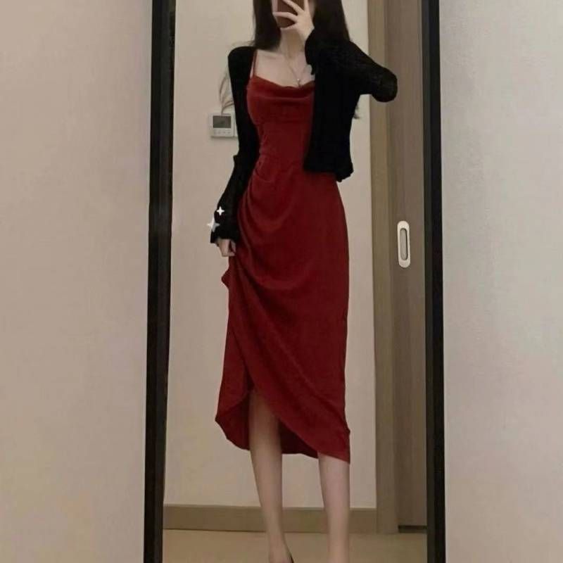 French Style Mid-Length Waist-Cinching Ruched Slimming Strap Dress For Women Black Long Sleeve Cardigan Two-Piece Set_ecoleips.com
