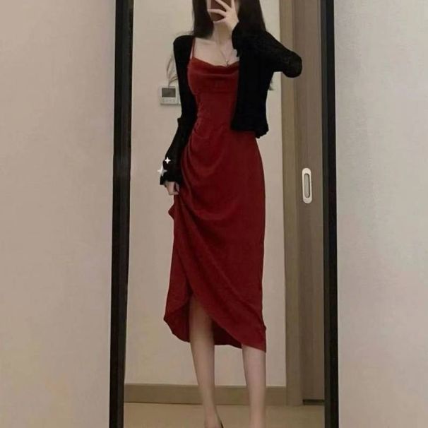French Style Mid-Length Waist-Cinching Ruched Slimming Strap Dress For Women Black Long Sleeve Cardigan Two-Piece Set_ecoleips.com