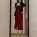 French Style Mid-Length Waist-Cinching Ruched Slimming Strap Dress For Women Black Long Sleeve Cardigan Two-Piece Set_ecoleips.com
