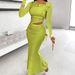 Elegant Sexy Workwear Inspired Banquet Dress Set Solid Color Asymmetrical Neckline Long Sleeved Top Ruched Fishtail Skirt_ecoleips.com