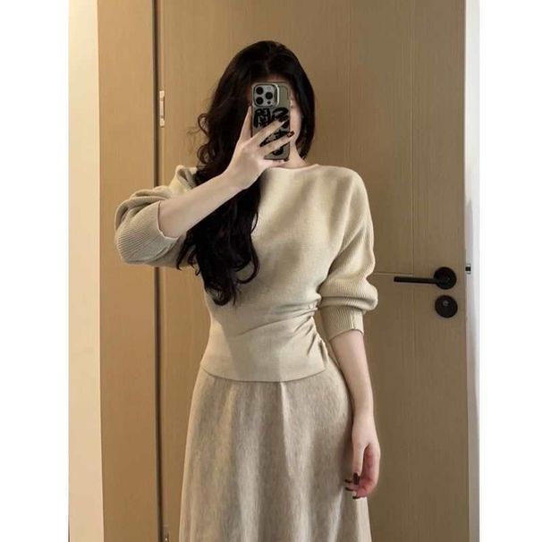 girl Red Off-Shoulder Long Sleeve Knitted Loose Sweater Top For Women, Autumn And Winter 2025 New Christmas Outfit_ecoleips.com