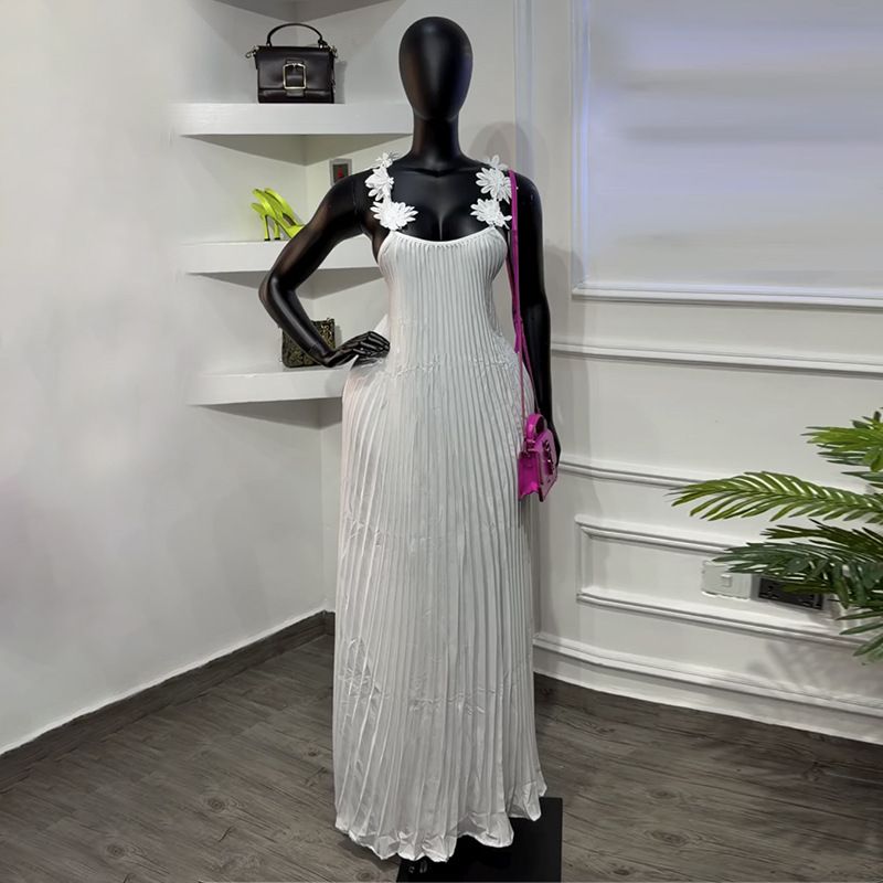 Women's Clothing Elegant Three Dimensional Floral Pleated Backless Suspender Dress For Women Shoulder Strap Spring New Style Solid Color_ecoleips.com