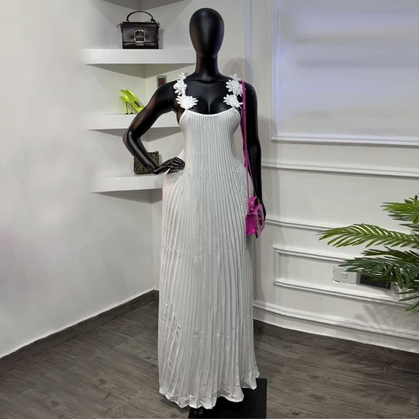 Women's Clothing Elegant Three Dimensional Floral Pleated Backless Suspender Dress For Women Shoulder Strap Spring New Style Solid Color_ecoleips.com