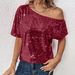 plus Size Women's Sequined Top Loose Off Shoulder Double Layer Casual Solid Color T-Shirt Women's Clothing_ecoleips.com