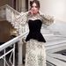 Elegant Rhinestone Patchwork Maxi Dress For Women - Stretch Knit Fabric, Flared Hem, Square Neckline, Long Sleeves (Beige, S-Xxl)_ecoleips.com