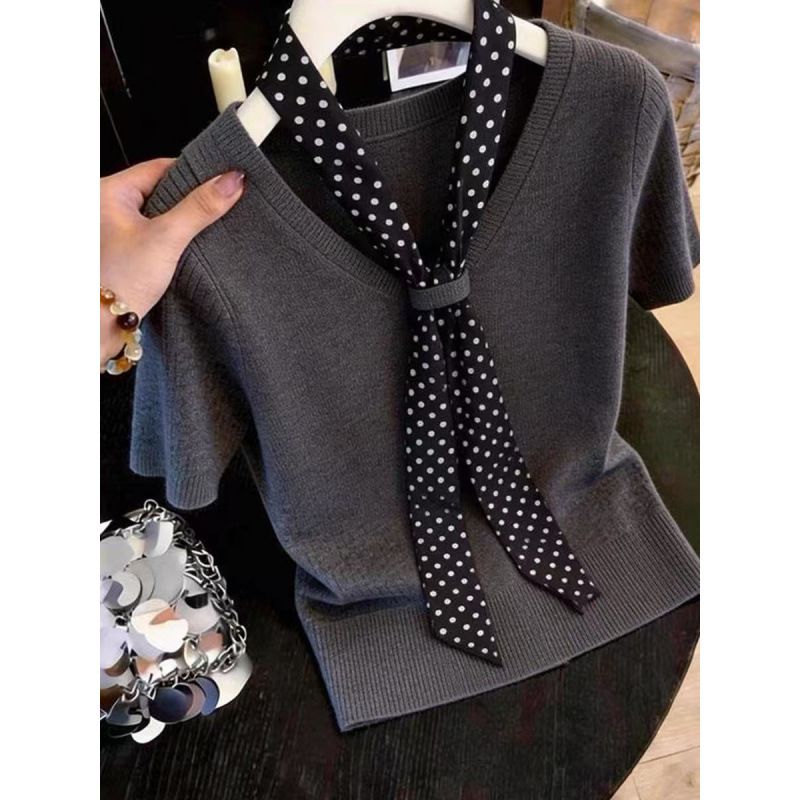 Women's Polka Dot Knitted T-Shirt Short Sleeve Designer Style Summer Fashionable And Elegant New Tops_ecoleips.com