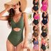 Women's Clothing One Piece Swimsuit Solid Color Wrapped Swimsuit Pleated High Waist Swimsuit_ecoleips.com