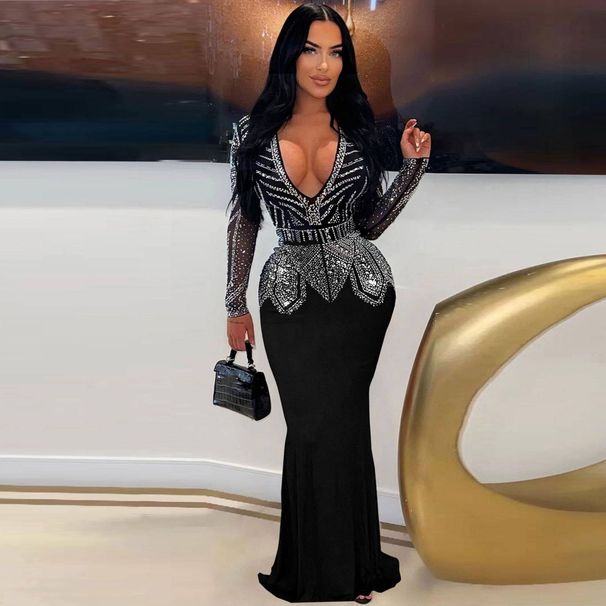 Women's Clothing Sexy Slim Fit Hot Diamond Hip wrapped V neck Dress_ecoleips.com
