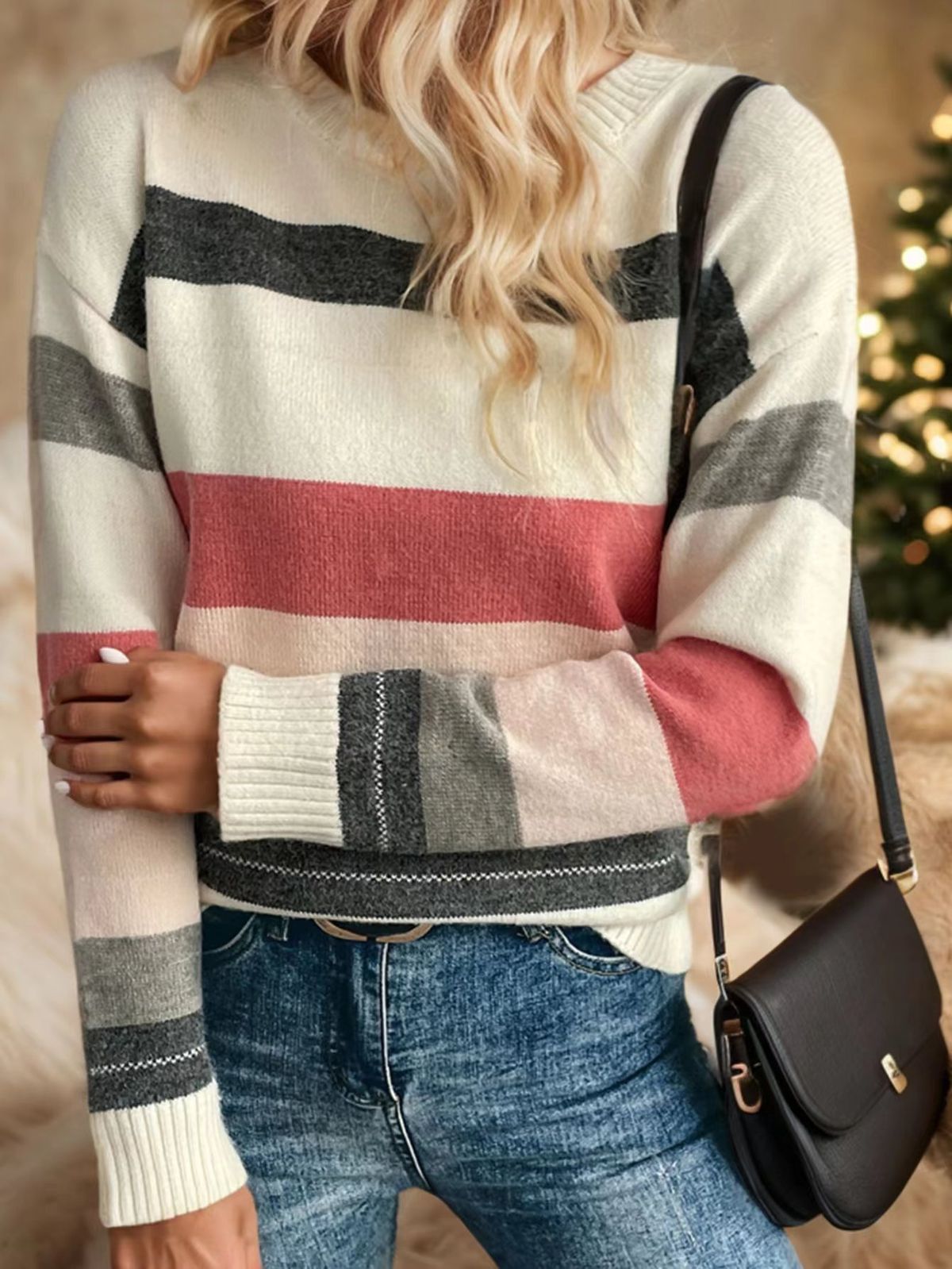 Women's Clothing Striped Color-Block Knit Sweater Loose Casual Round Neck Pullover For Autumn_ecoleips.com