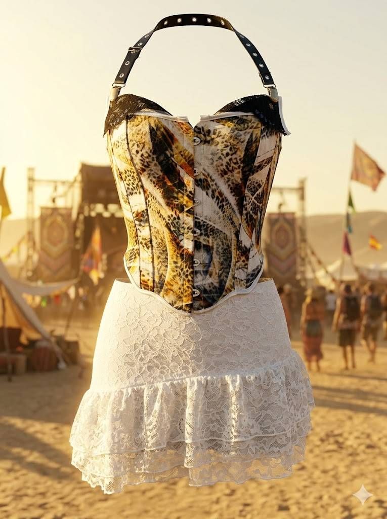 A Two-piece Women's Dress Set, Featuring A Leopard-print Camisole Top Paired With A White Tiered Lace Ruffle Mini Skirt,_ecoleips.com
