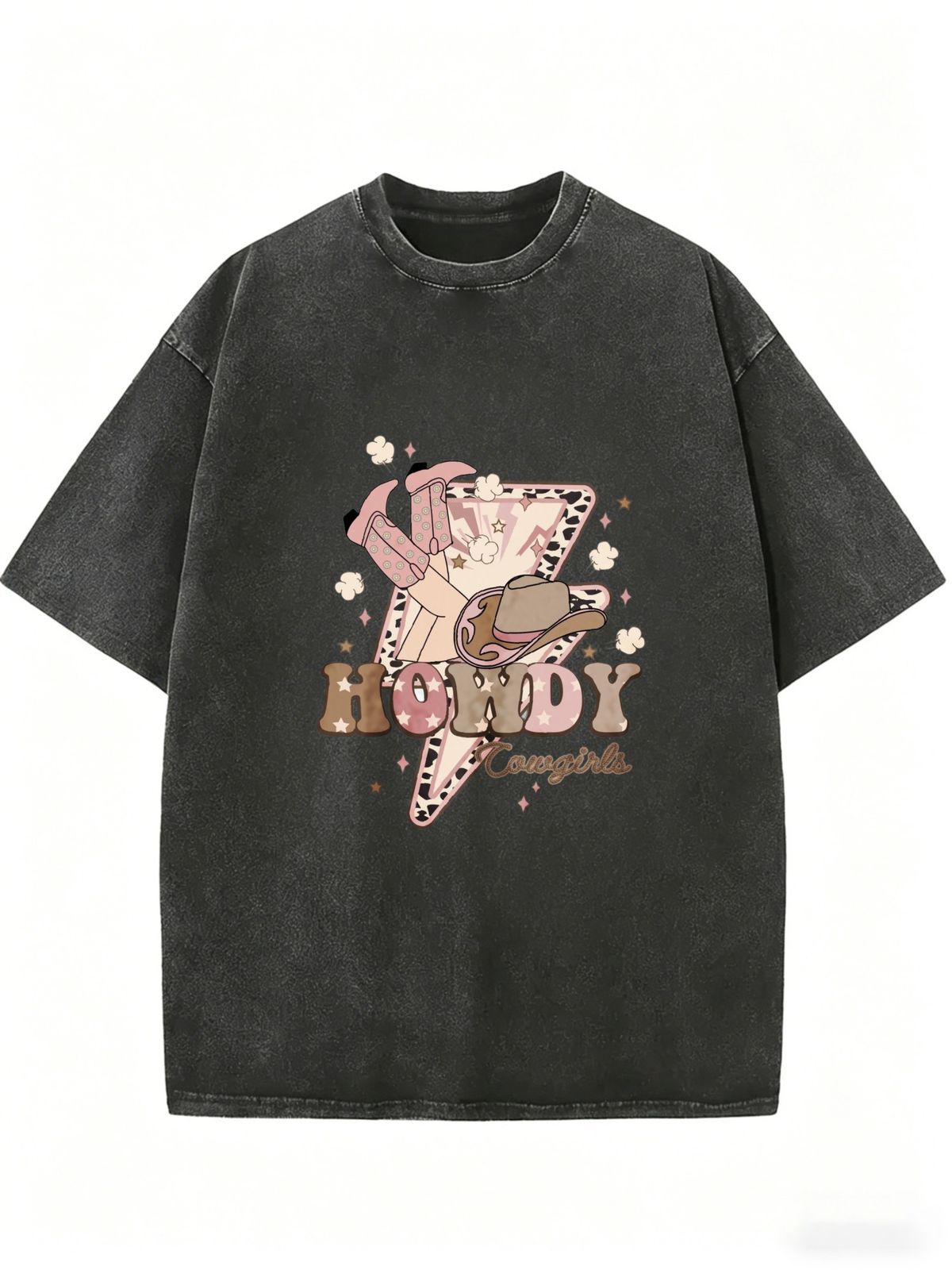 Leopard Print Lightning Bolt Boot Pattern, Retro Western Style Women's T-shirt, Acid-washed Oversized Loose Fit, Perfect For Country Music Festivals._ecoleips.com