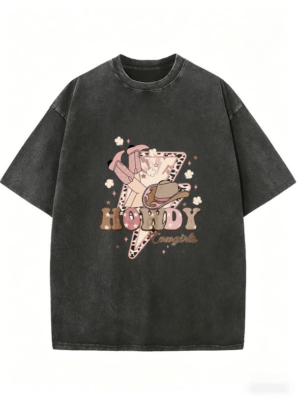Leopard Print Lightning Bolt Boot Pattern, Retro Western Style Women's T-shirt, Acid-washed Oversized Loose Fit, Perfect For Country Music Festivals._ecoleips.com