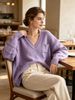 Lilac V Neck Pit Rib Knit Tunic, Oversized Loose Lightweight Breathable Soft Skin-touch Pocket Long Sweater_ecoleips.com